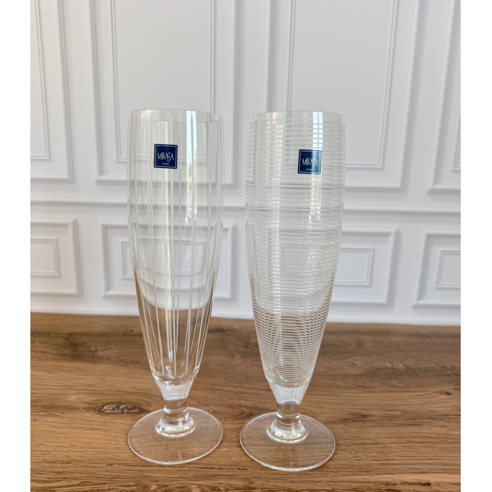 PAIR (2) Mikasa Cheers Pilsner Crystal Glasses Horizontal Vertical Stripe 9.5"